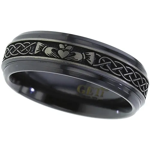 Zirconium with Celtic Claddagh laser engraved design.